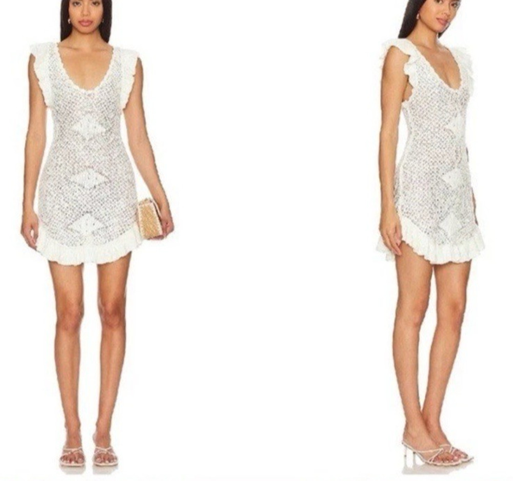 Free People Beach Mykonos Crochet Knit Mini Dress Ruffle Trim Coverup Sz L